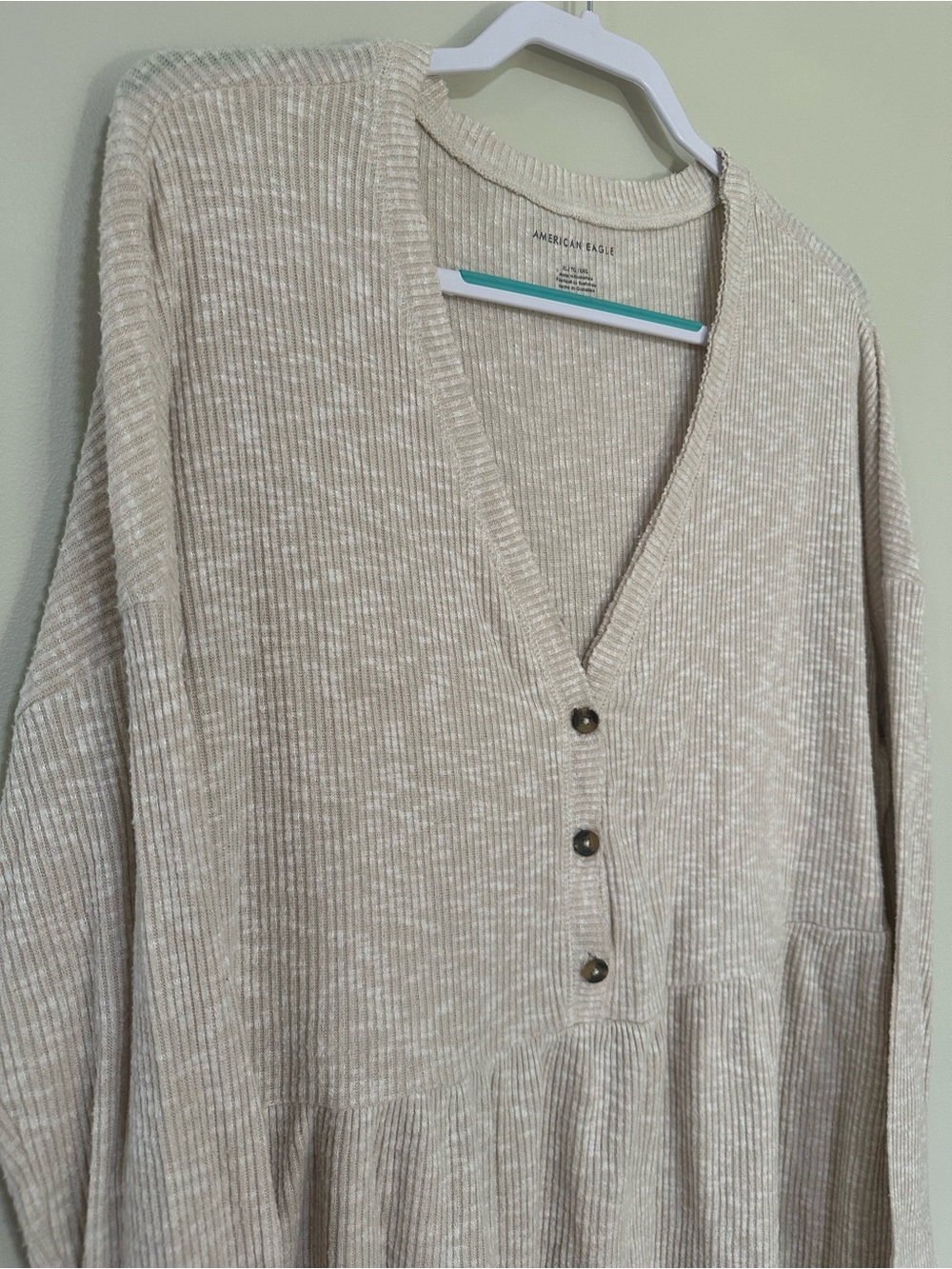 American Eagle Outfitters Beige Cream Ribbed V-Neck Henley Tunic - Picture 2 of 6
